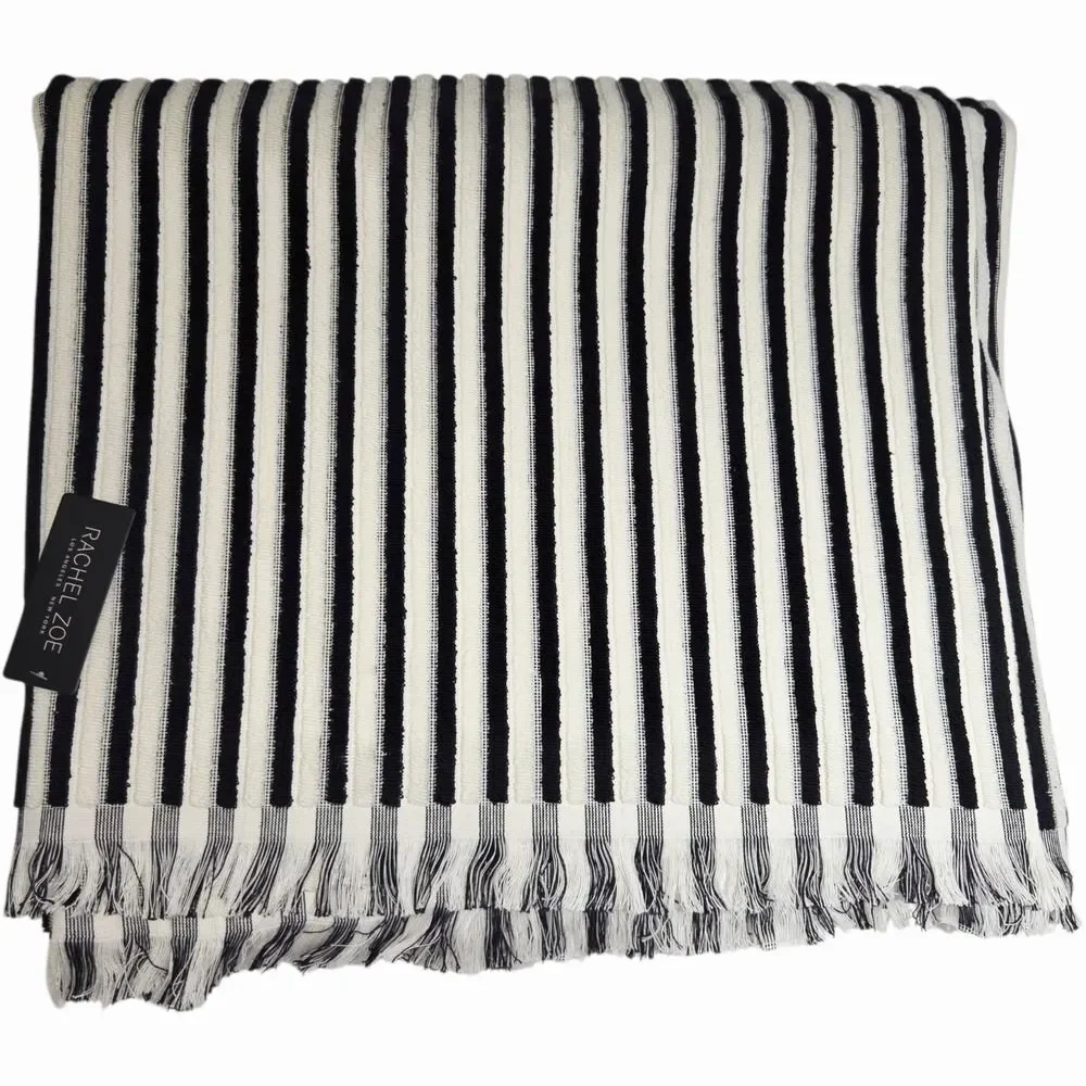Rachel Zoe Cream Black Striped Fringe Oversized Beach Towel 40x70 Spring‎ Summer